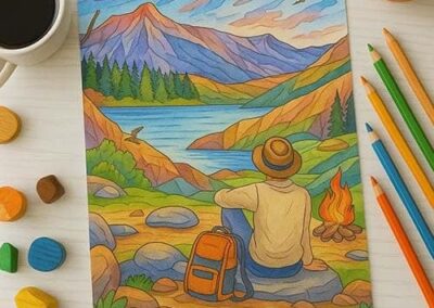Colorful landscape drawing of a hiker sitting by a campfire in the mountains, surrounded by nature and scenic views.