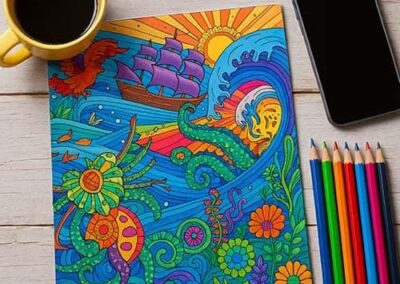 Colorful children's coloring page with sea creatures, ship, and flowers, perfect for preschool art activities.