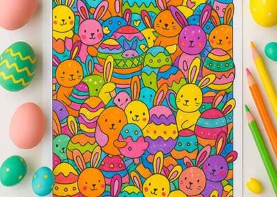 Colorful Easter-themed bunny and egg coloring page with vibrant illustrations for preschool activities and craft ideas.