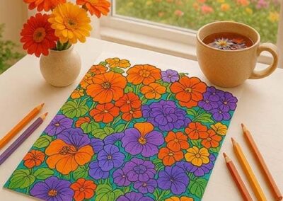 Bright floral coloring page featuring vibrant orange and purple flowers for preschool art activities.