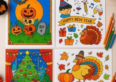 Bright Halloween, New Year, Thanksgiving, and Christmas coloring pages for preschoolers and early learners.