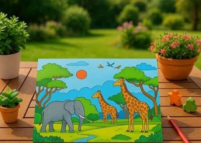 Vibrant preschool jungle activity poster featuring elephants and giraffes for early childhood learning.