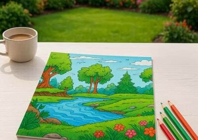Colorful outdoor nature scene coloring page with trees, river, and flowers for preschoolers.