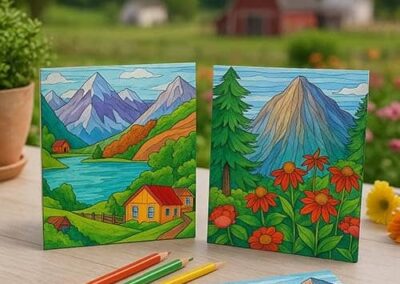 Colorful outdoor landscape and nature-themed Montessori activity boards for preschool children, ideal for early education crafts and learning.