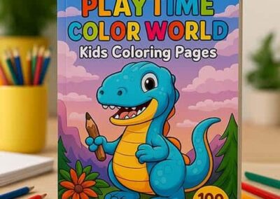 Vibrant kids coloring pages book with a colorful dinosaur cover, perfect for preschool learning and creativity.