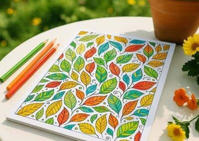 Colorful leaf-themed preschool planning worksheet on a white table outdoors.