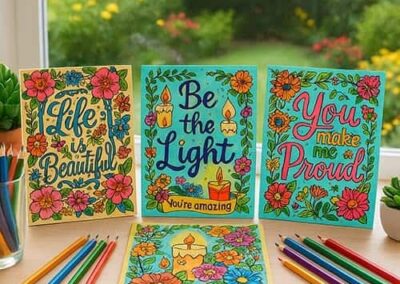 Vibrant coloring pages with inspirational messages for preschool classroom decor and activities.
